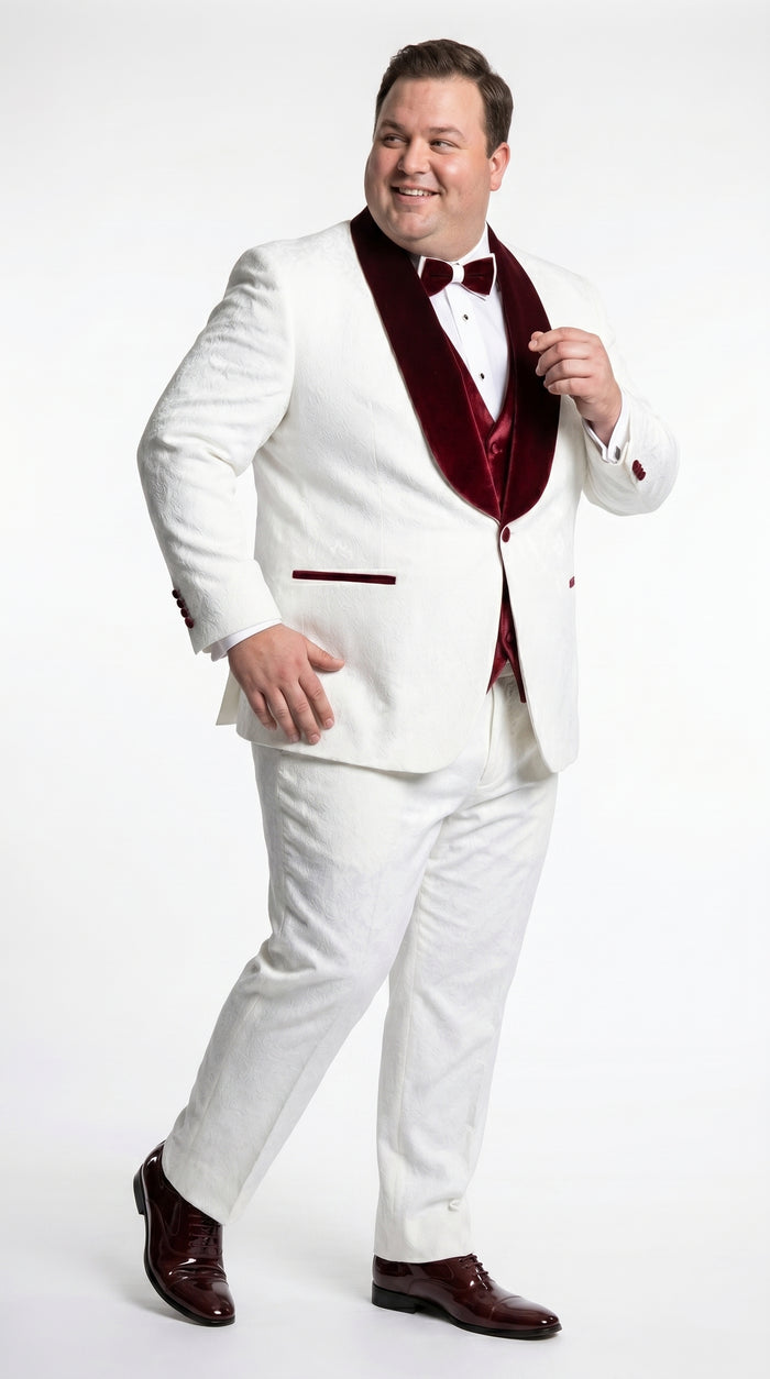 Men’s Gianni White and Burgundy Velvet Lapel 3 Piece Tuxedo, Formal Wedding Prom Suit