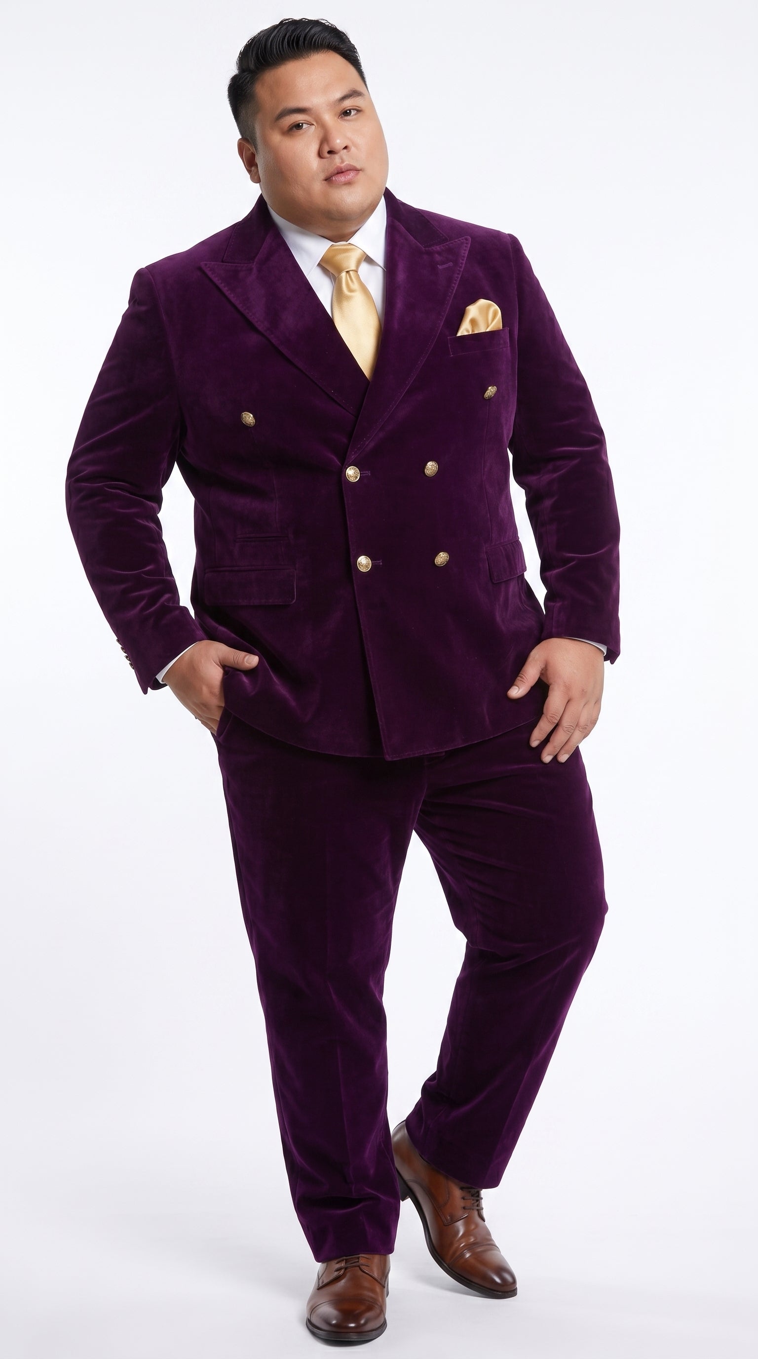 Men’s Rossi Man Zeus Purple Velvet Double Breasted Tuxedo Suit, Formal Wedding Prom Dinner Suit Set