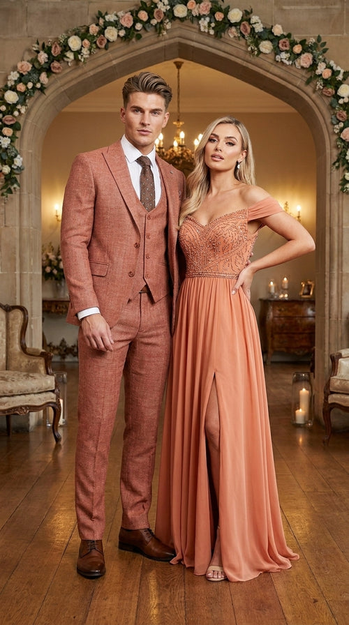 Stacy Adams Men’s Brown Textured Windowpane 3 Piece Hybrid Fit Suit, Black and Orange Check Formal Dress Suit for Weddings, Prom, Business Events, and Parties