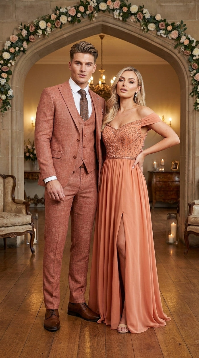Stacy Adams Men’s Brown Textured Windowpane 3 Piece Hybrid Fit Suit, Black and Orange Check Formal Dress Suit for Weddings, Prom, Business Events, and Parties
