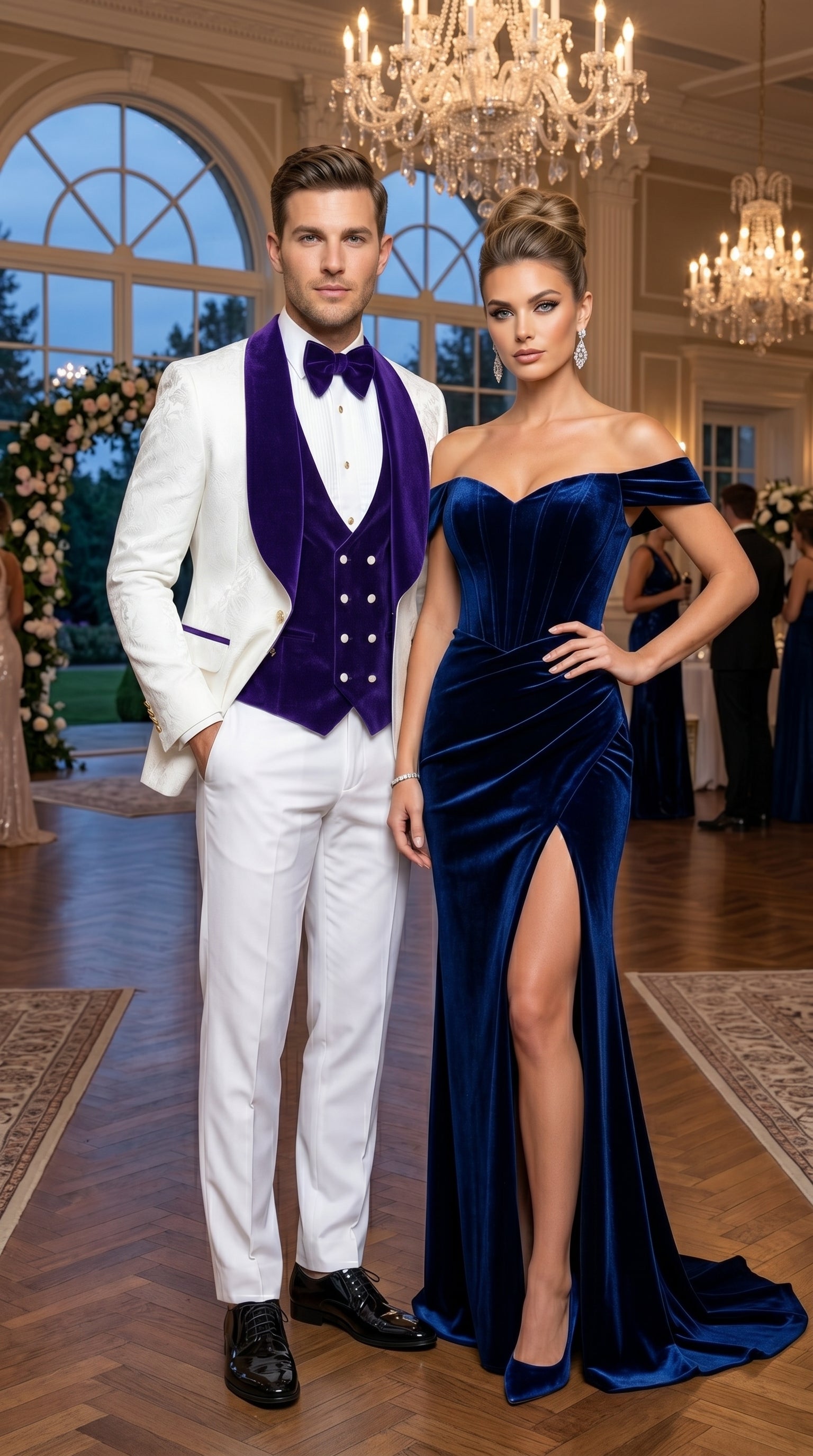 Men’s White and Royal Blue Wedding Tuxedo, Groom Prom Suit with Velvet Shawl Lapel and Matching Vest