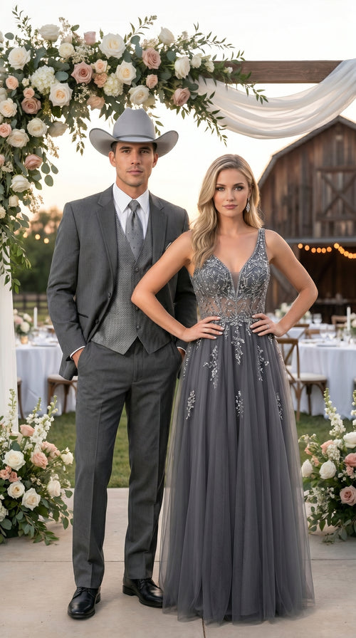 2 Button Trim Cowboy Tuxedo  Grey - Jacket and Pants
