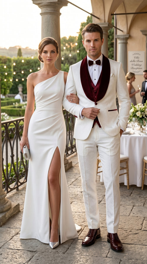 Men’s Gianni White and Burgundy Velvet Lapel 3 Piece Tuxedo, Formal Wedding Prom Suit