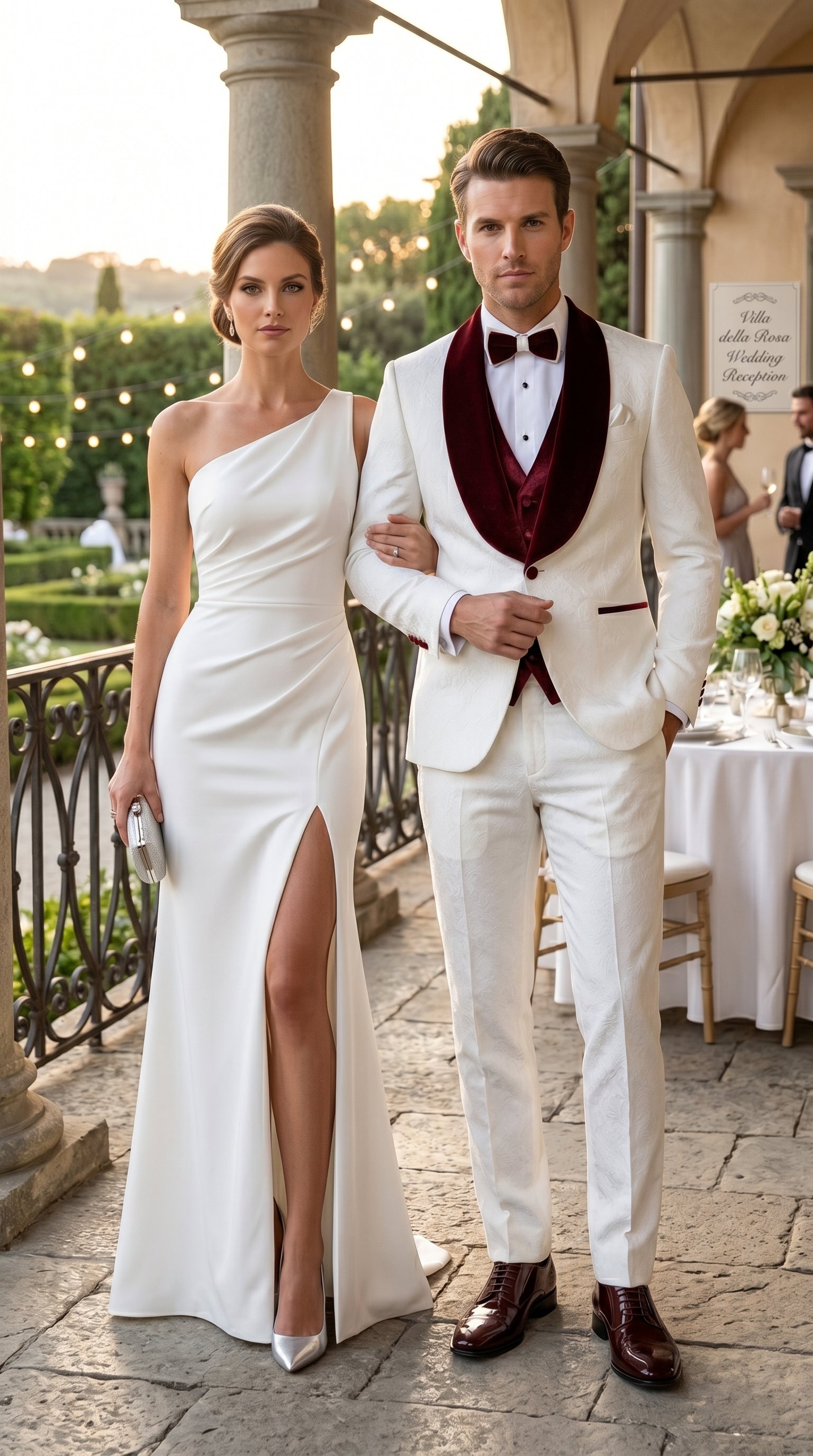 Men’s Gianni White and Burgundy Velvet Lapel 3 Piece Tuxedo, Formal Wedding Prom Suit