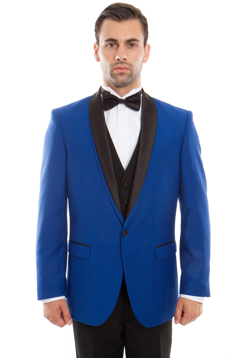 "Royal Blue Men's Tuxedo with Satin Trim & Shawl Lapel - One Button Vested" - 34 Short