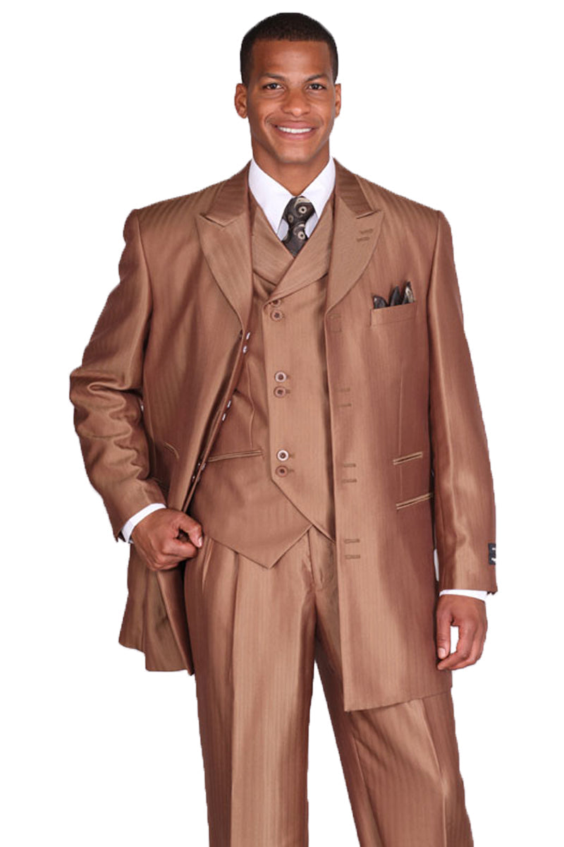 "Herringbone Stripe Men's Long Vested Suit in Brown - Fashion Tonal"