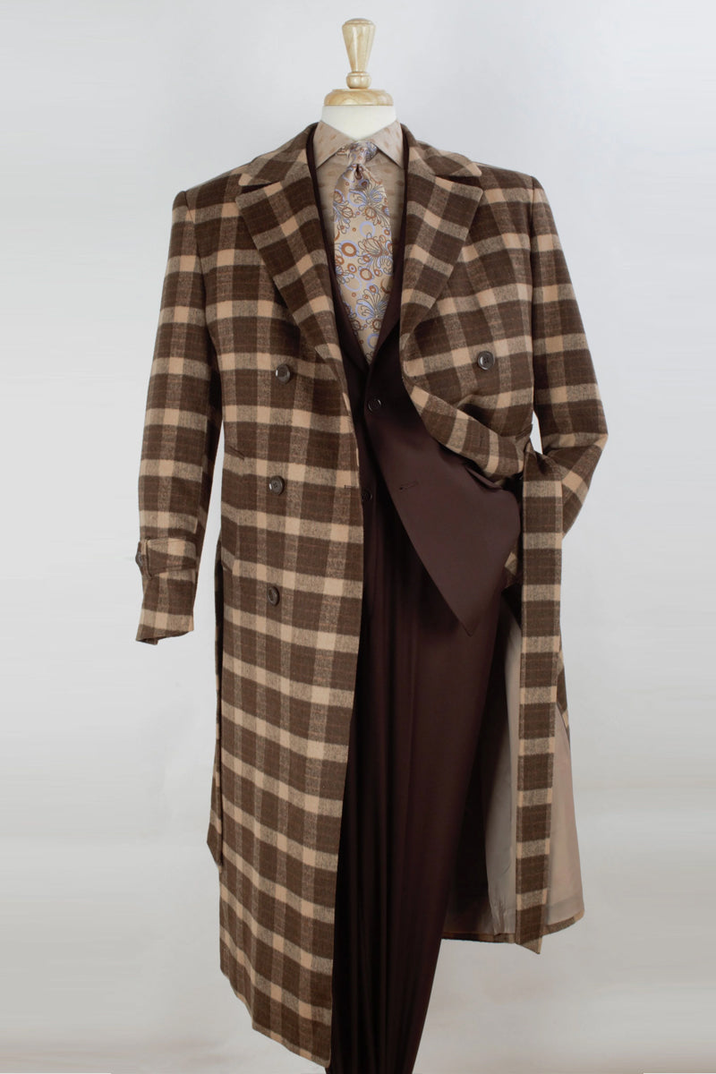 "Men's Double Breasted Wool Overcoat - Full Length, Belted, Brown Windowpane"