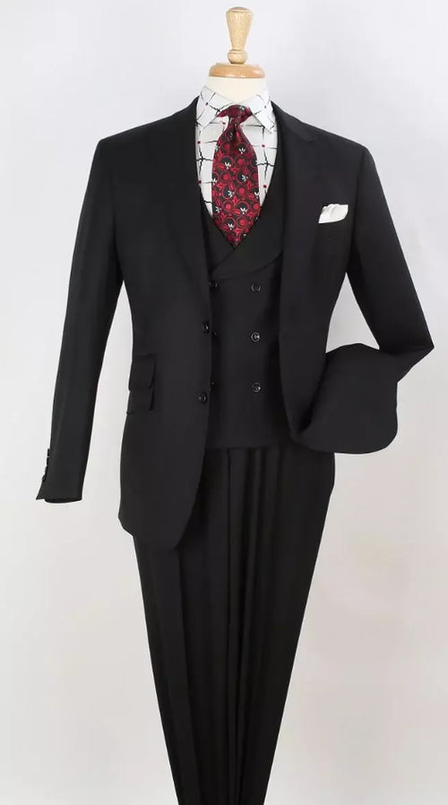Apollo King Men's Wool Fashion Suit Flat Front Pants 3pc Set in black