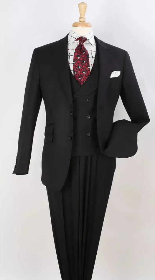 Apollo King Men's Wool Fashion Suit Flat Front Pants 3pc Set in black