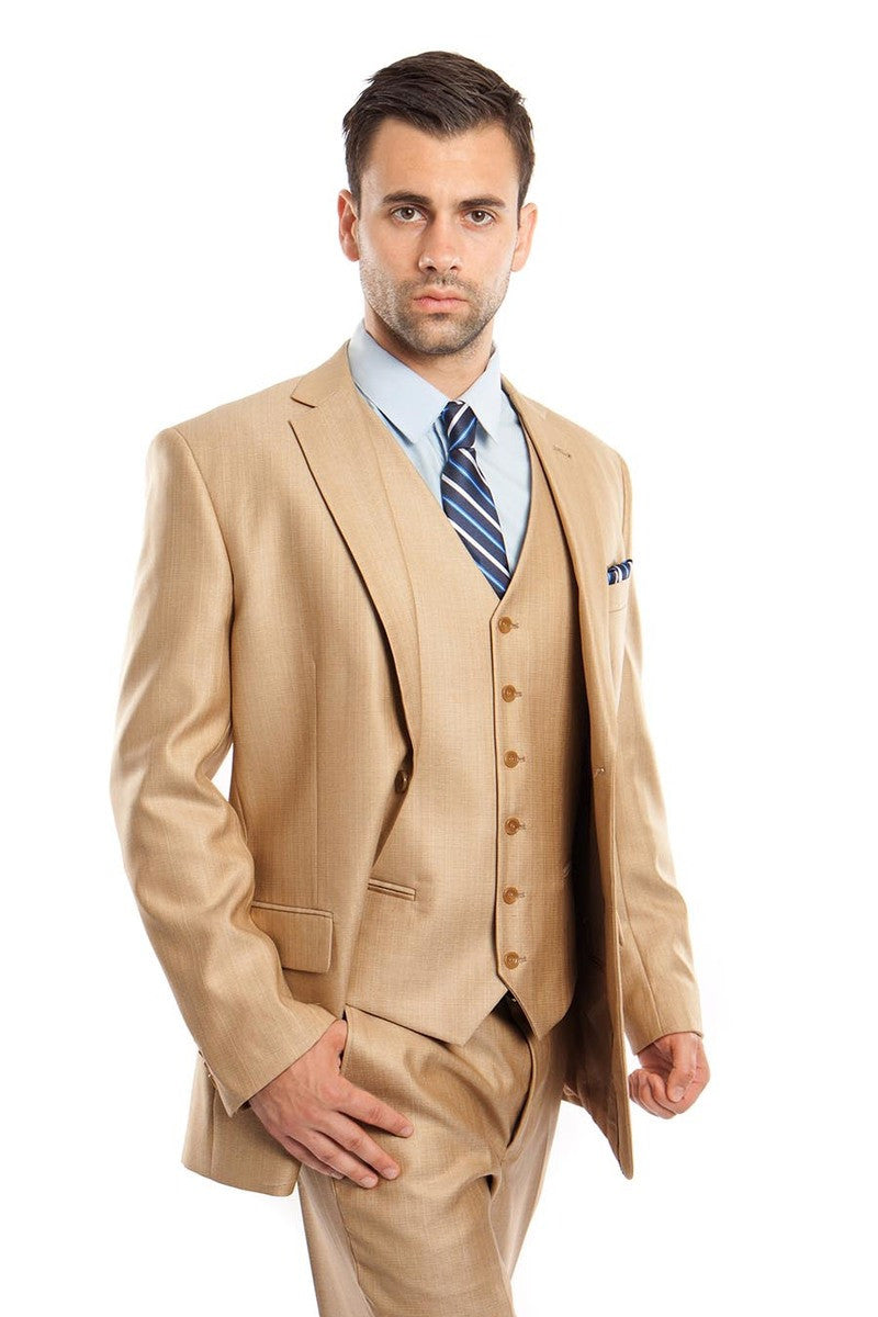 "Sharkskin Business Suit for Men - Two Button Vested in Camel Wheat"