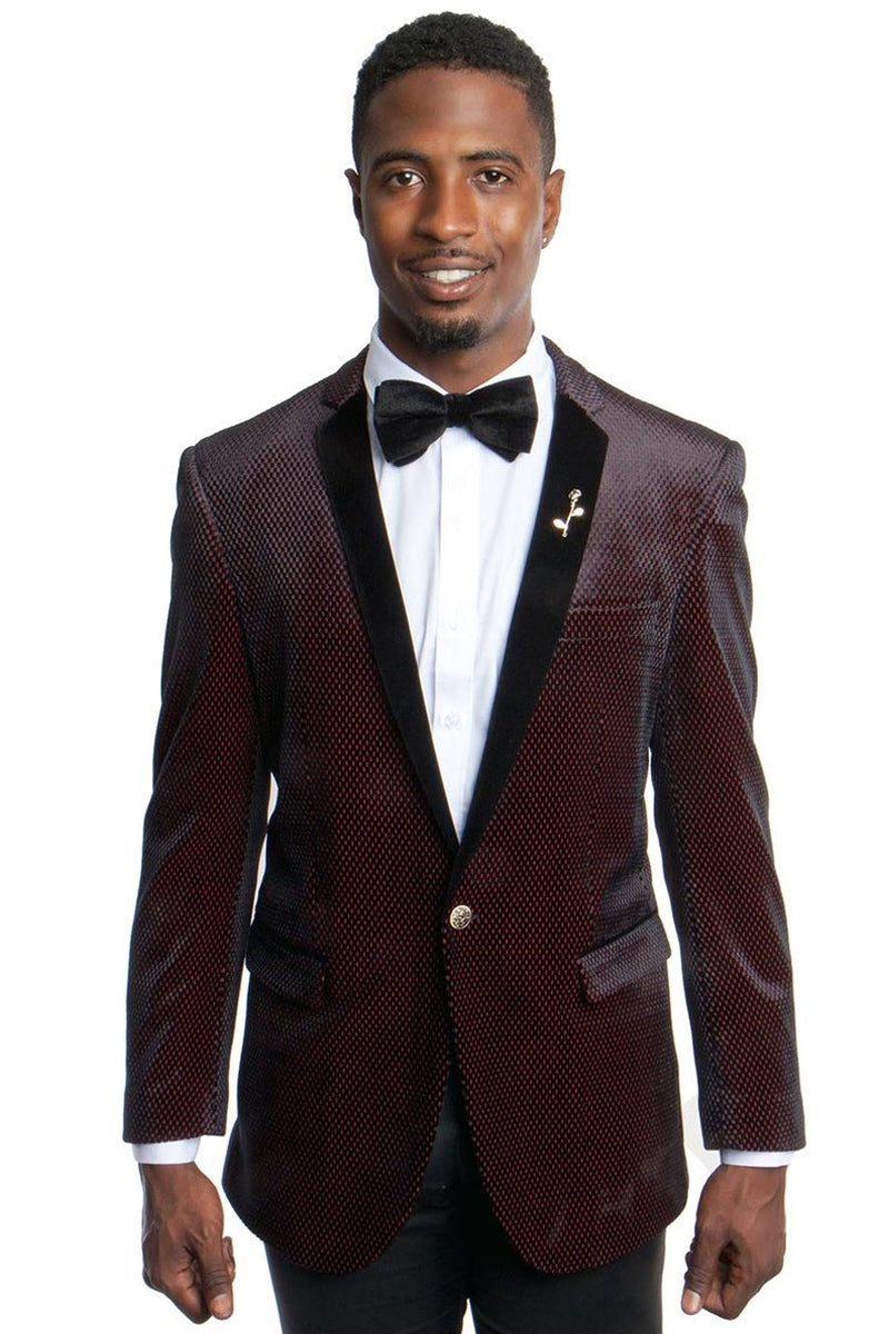 "Men's Slim Fit Velvet Tuxedo Jacket - One Button, Textured Black & Red"