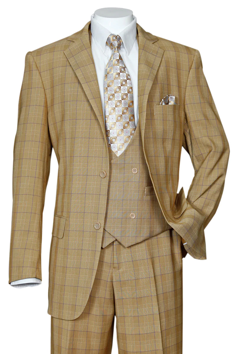"Tan Plaid Windowpane Men's Modern Fit Suit with Double-Breasted Vest"