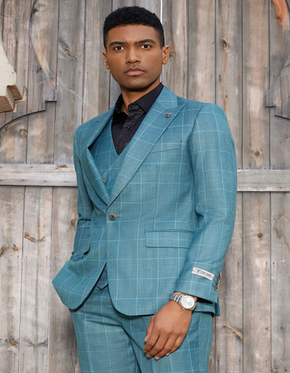 "Mens Stacy Adams Suit - Stacy Adams Suit Men's Teal Windowpane Suit - One Button Peak Lapel with Double Breasted Vest" - 34 Short