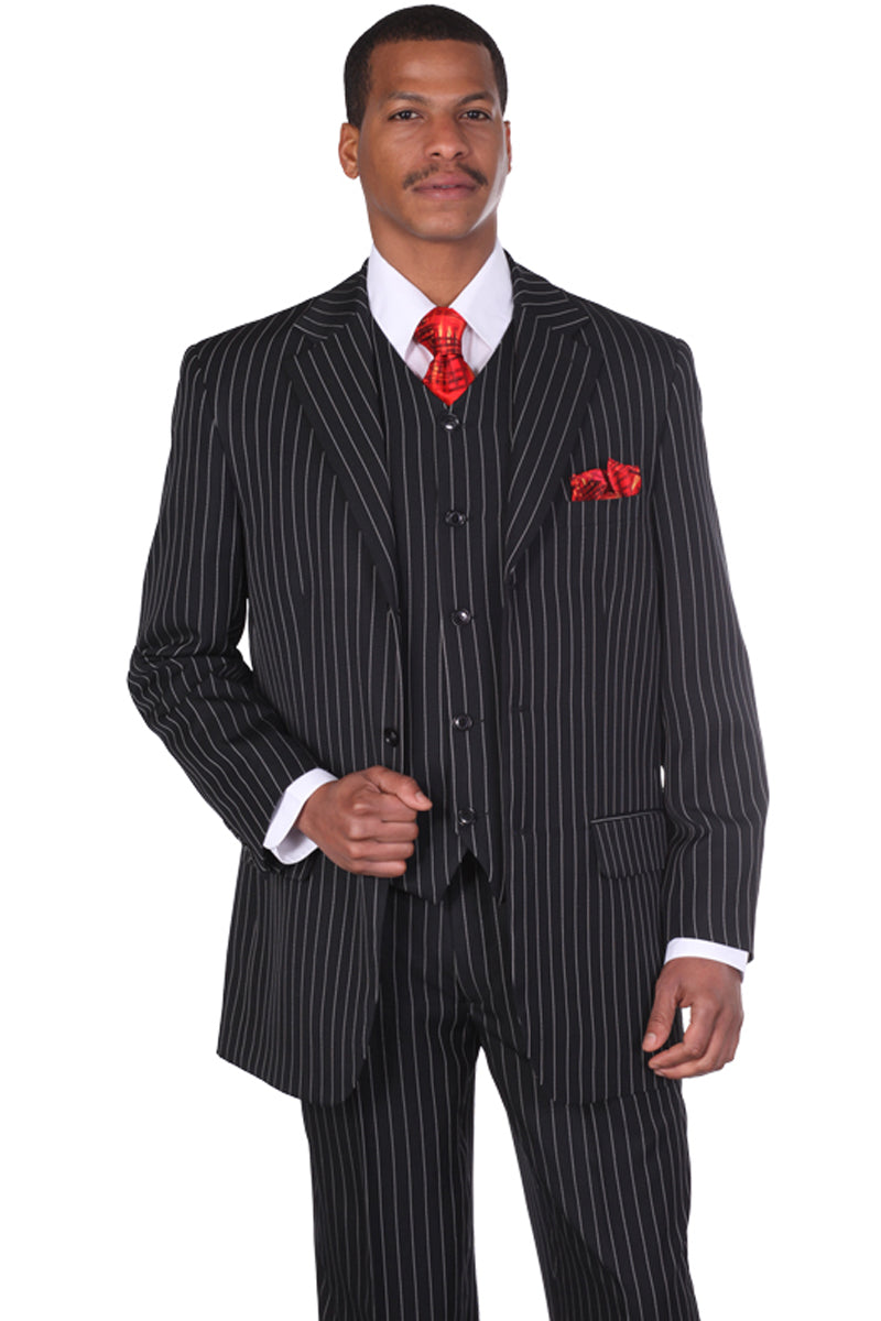 "Vintage Pinstripe Men's Suit - 3 Button Vested Gangster Style in Black"