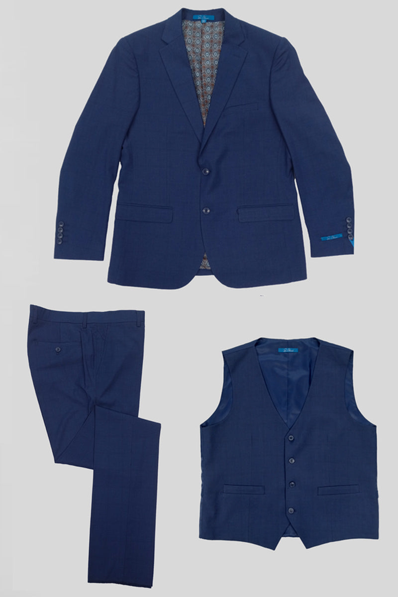 "Midnight Blue Men's Slim Fit Business Suit - Vested Tonal Windowpane"