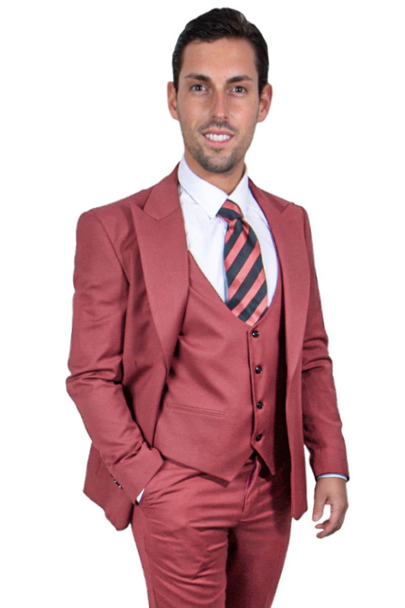 "Mens Stacy Adams Suit - Stacy Adams  Suit Men's Coral Blush Pink Suit with Vested One Button Peak Lapel" - 34 Regular