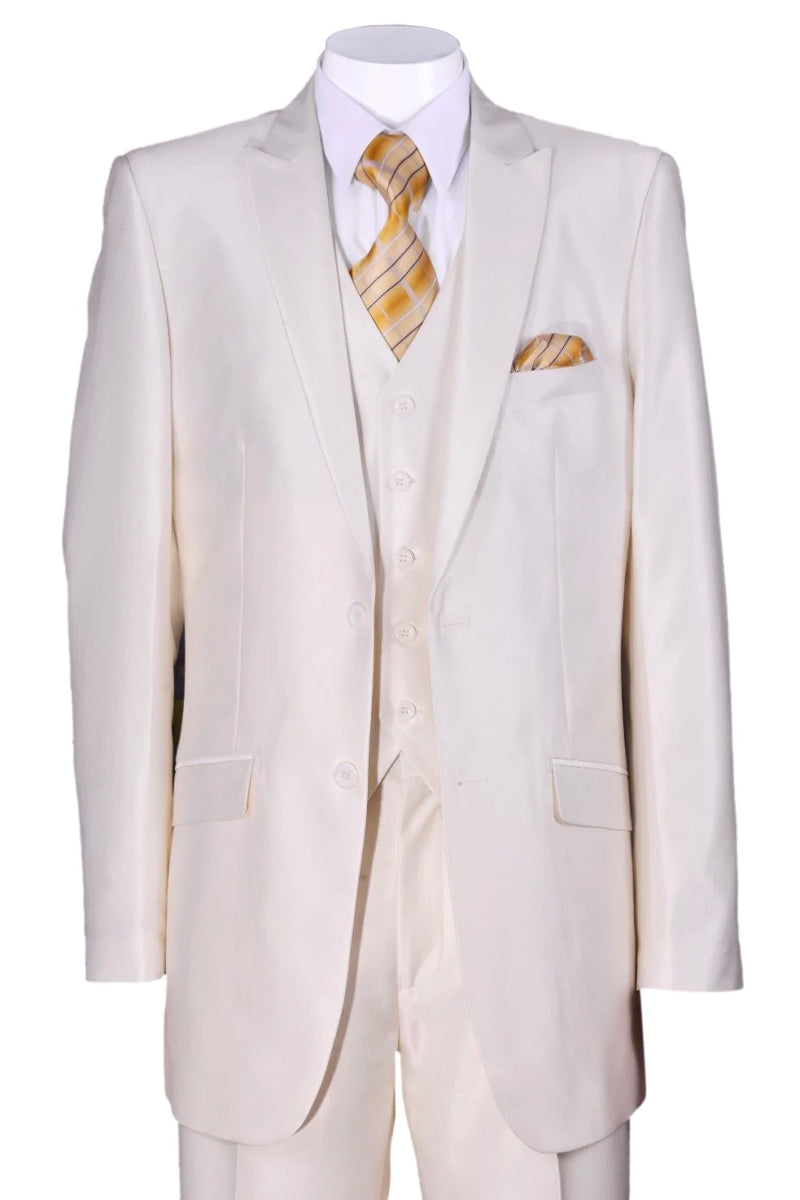 "Sharkskin Slim Fit Men's Suit - 2 Button Vested in Ivory Cream" - 38 Long
