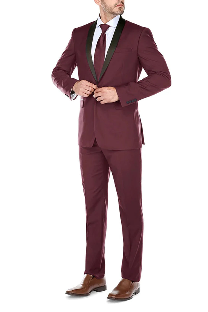 Burgundy Slim Fit Shawl Collar Tuxedo for Men - Traditional Style - 34 Short