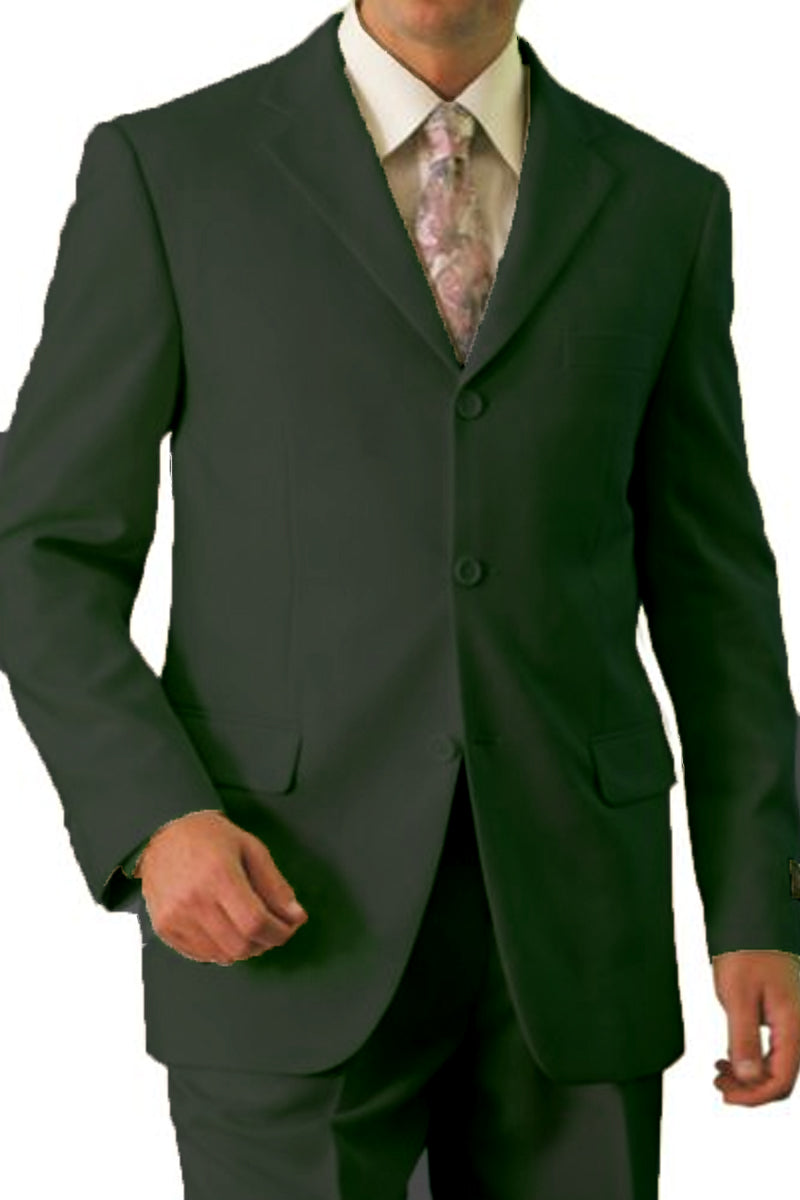 "Dark Olive Green Men's Poplin Suit - Basic Three Button Style"