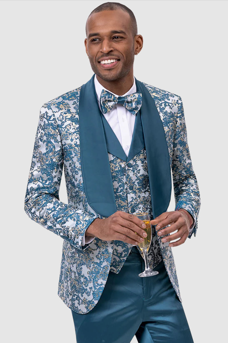 "Vintage Slim Fit Paisley Brocade Men's Prom Tuxedo - Teal Blue"