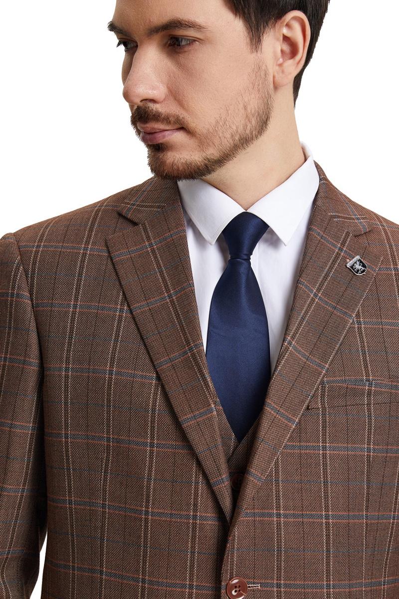 Men's Stacy Adams Vested Modern Fit Windowpane Plaid Suit in Light Brown - 38 Regular