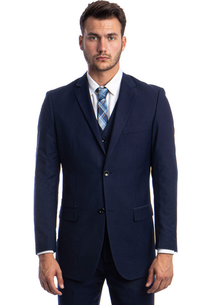 Blue Men's Wedding & Business Suit - Two Button Vested Solid Color