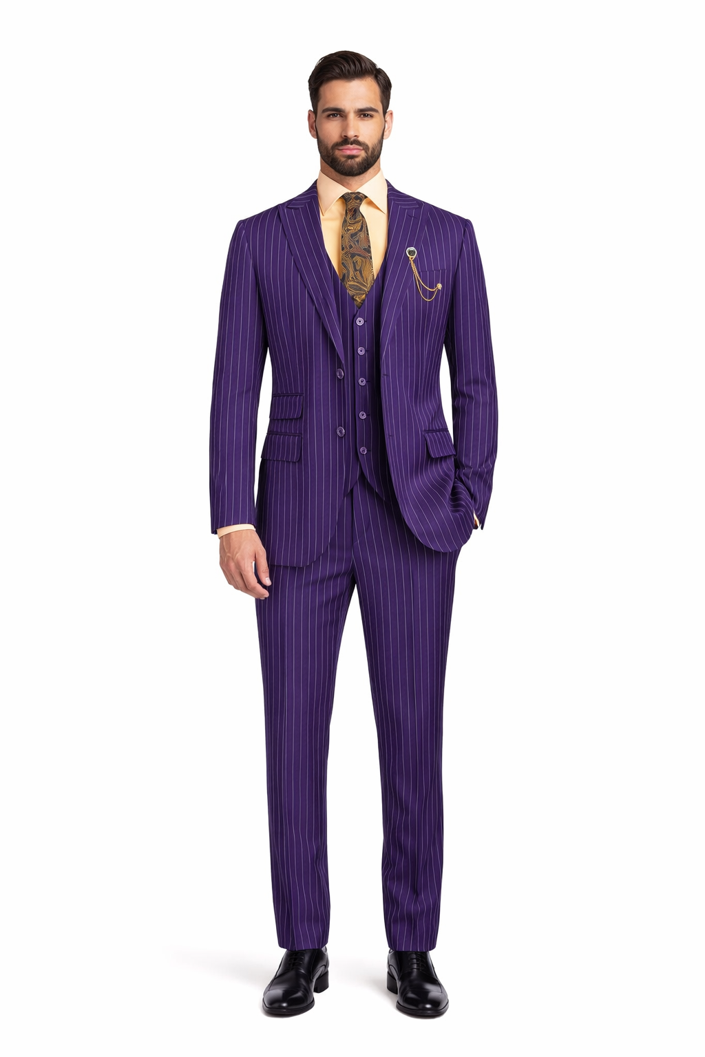 Odyssey Collection - Purple Regular Fit 3 Piece Suit 2 Button Gangster Stripe - 38 Regular - 32 Waist