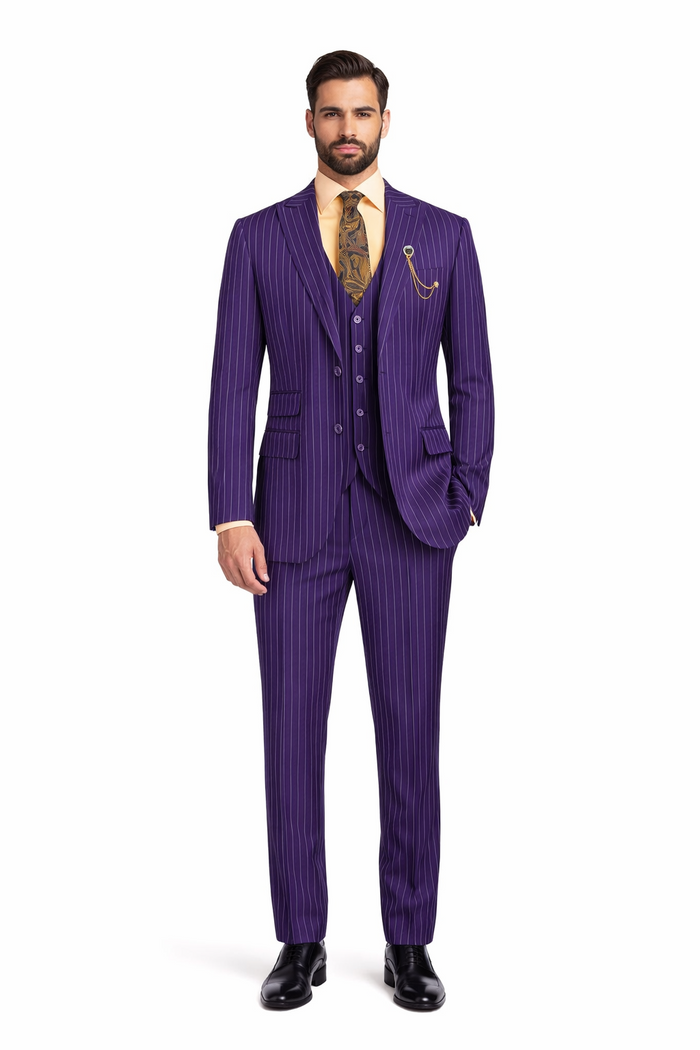 Odyssey Collection - Purple Regular Fit 3 Piece Suit 2 Button Gangster Stripe