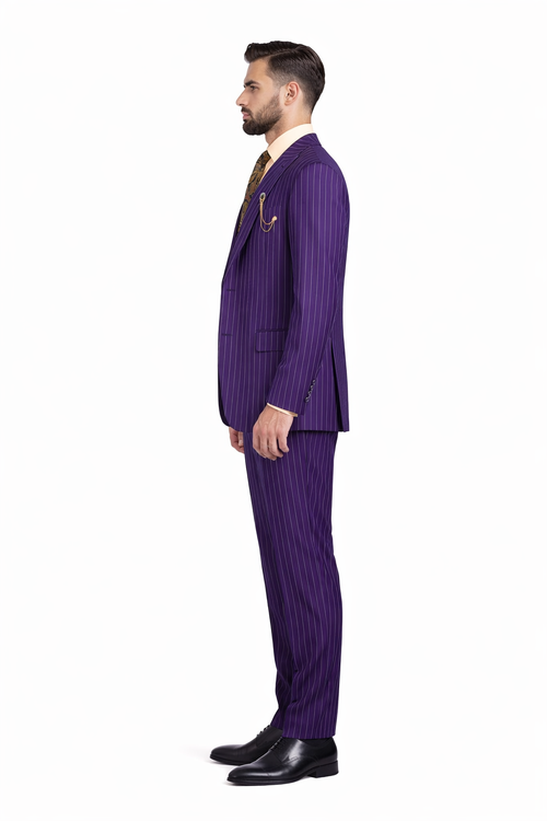 Odyssey Collection - Purple Regular Fit 3 Piece Suit 2 Button Gangster Stripe