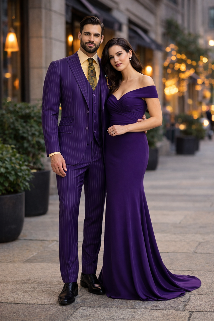 Odyssey Collection - Purple Regular Fit 3 Piece Suit 2 Button Gangster Stripe
