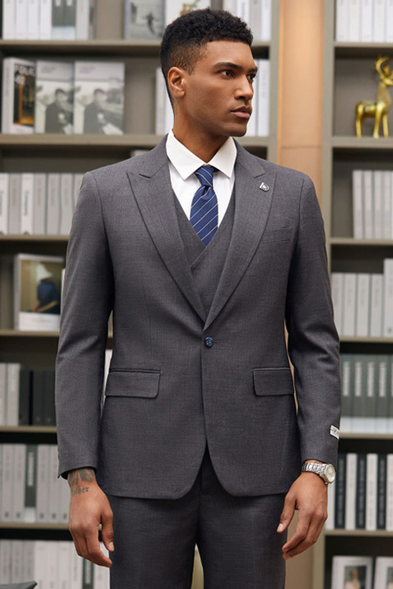 "Stacy Adams Men's Designer Suit - Charcoal Grey Vested One Button Peak Lapel"