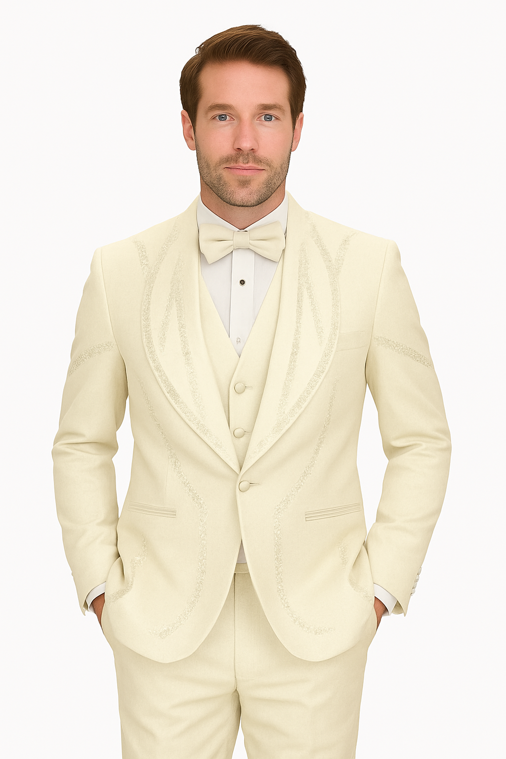 Off White Italian Wool 3-Piece Modern Fit Tuxedo - 34 Short or Extra Small