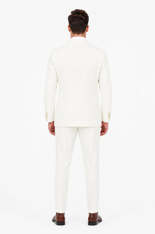 Men's Off White Statement Ticket Pocket Peak Lapel Wool Double Breasted Vest Suit with Gold Buttons – Modern Fit
