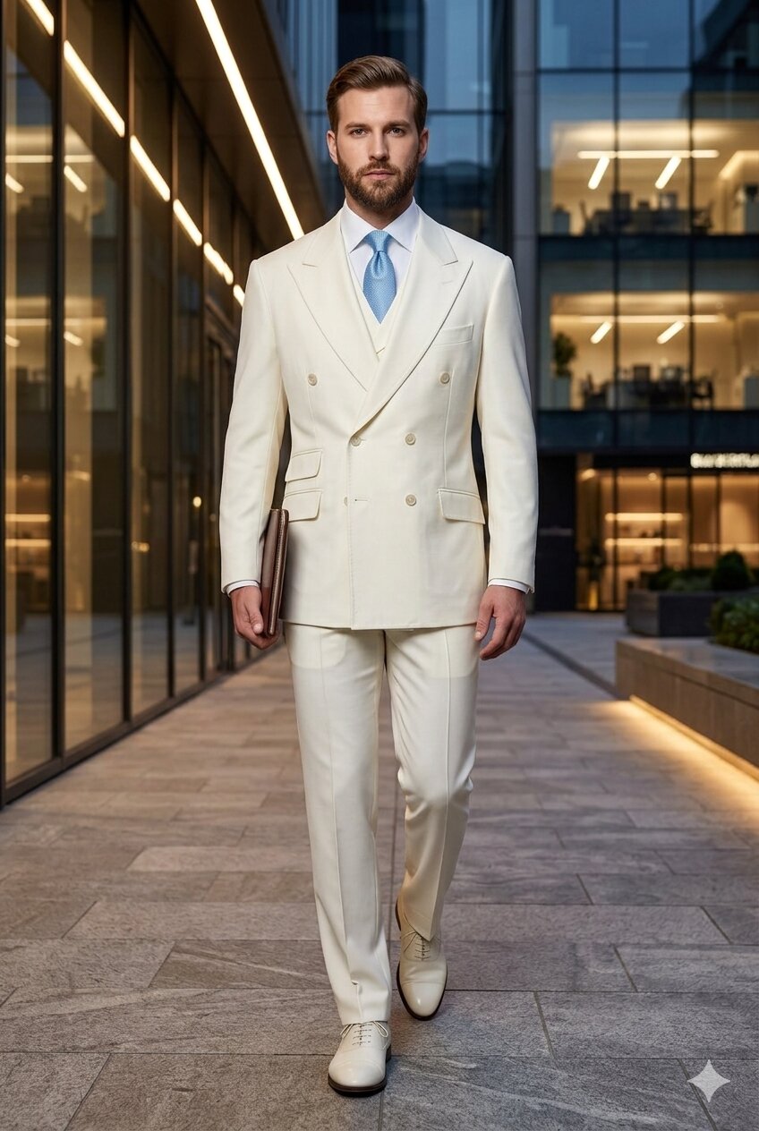 Tiglio Italian Suit - Real Wool Fabric Super 150's EST Off-White, Wide Leg Suit & Vest in Color Off-White - 40R