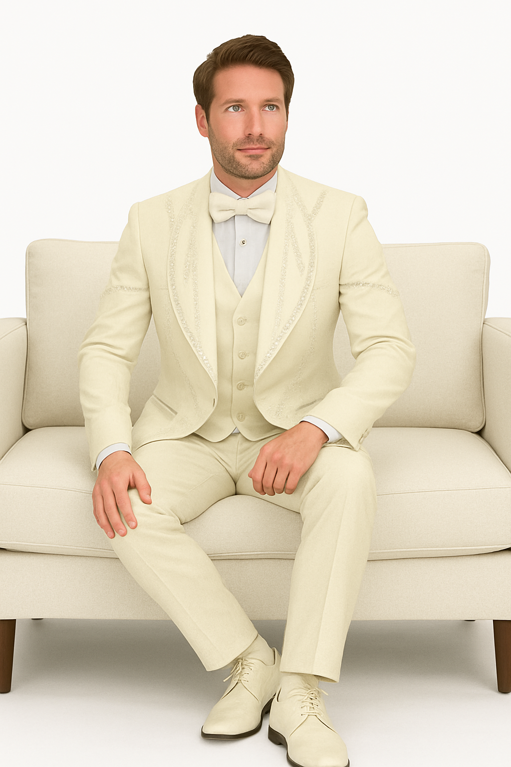 Off White Italian Wool 3-Piece Modern Fit Tuxedo - 34 Short or Extra Small