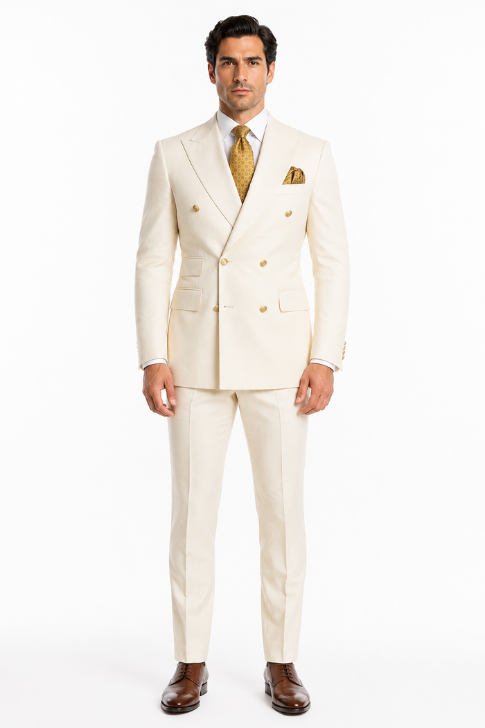 Off White - Ivory - Cream Color White Double Breasted Stylish Peaked Lapel Men Suits