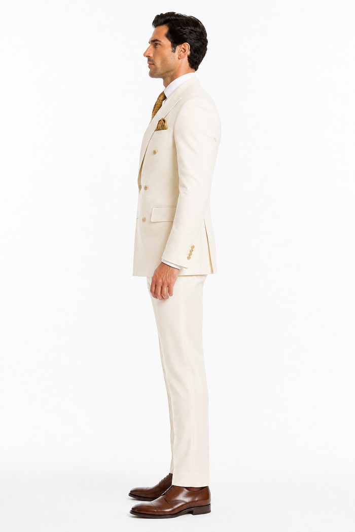 Off White - Ivory - Cream Color White Double Breasted Stylish Peaked Lapel Men Suits