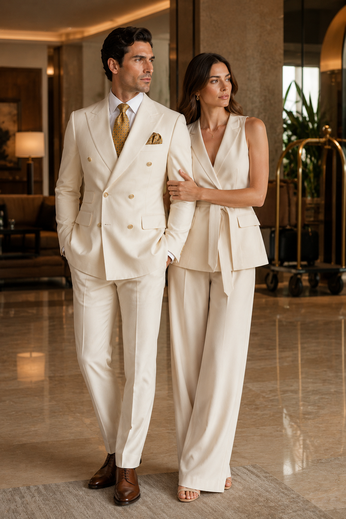 Off White - Ivory - Cream Color White Double Breasted Stylish Peaked Lapel Men Suits