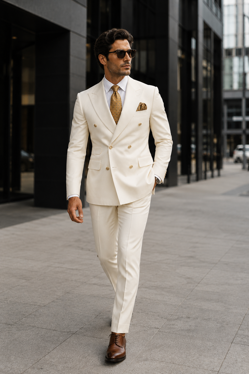 Off White - Ivory - Cream Color White Double Breasted Stylish Peaked Lapel Men Suits