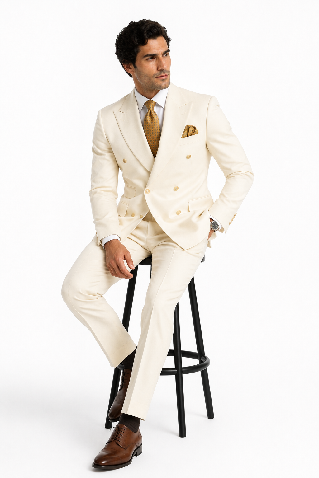 Off White - Ivory - Cream Color White Double Breasted Stylish Peaked Lapel Men Suits