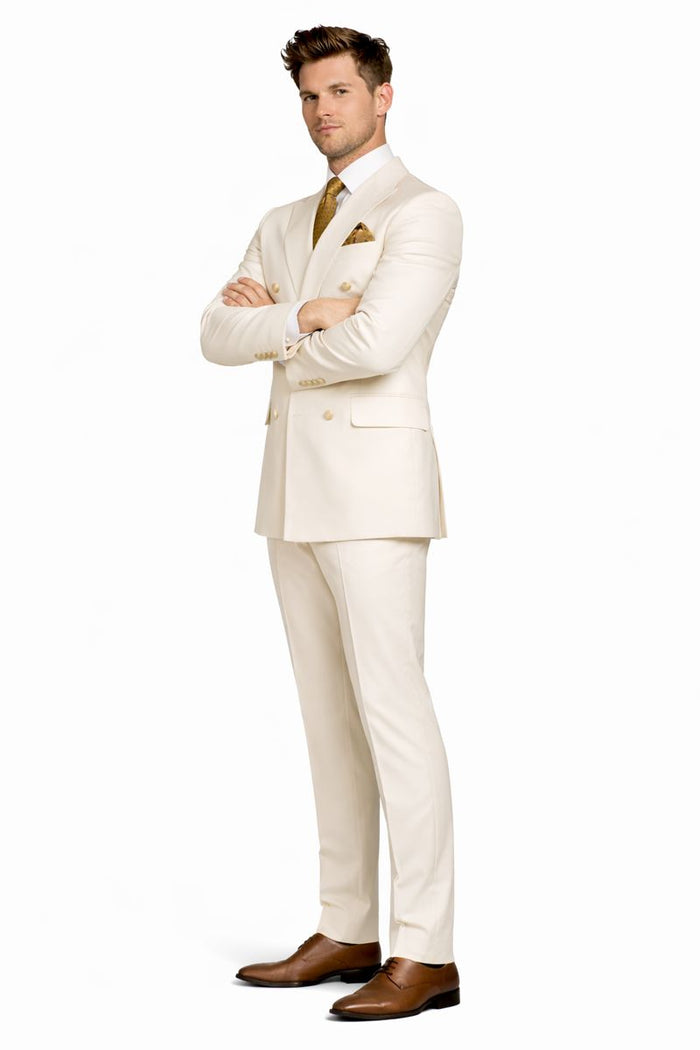 Off White - Ivory - Cream Color White Double Breasted Stylish Peaked Lapel Men Suits-New Designer Collection
