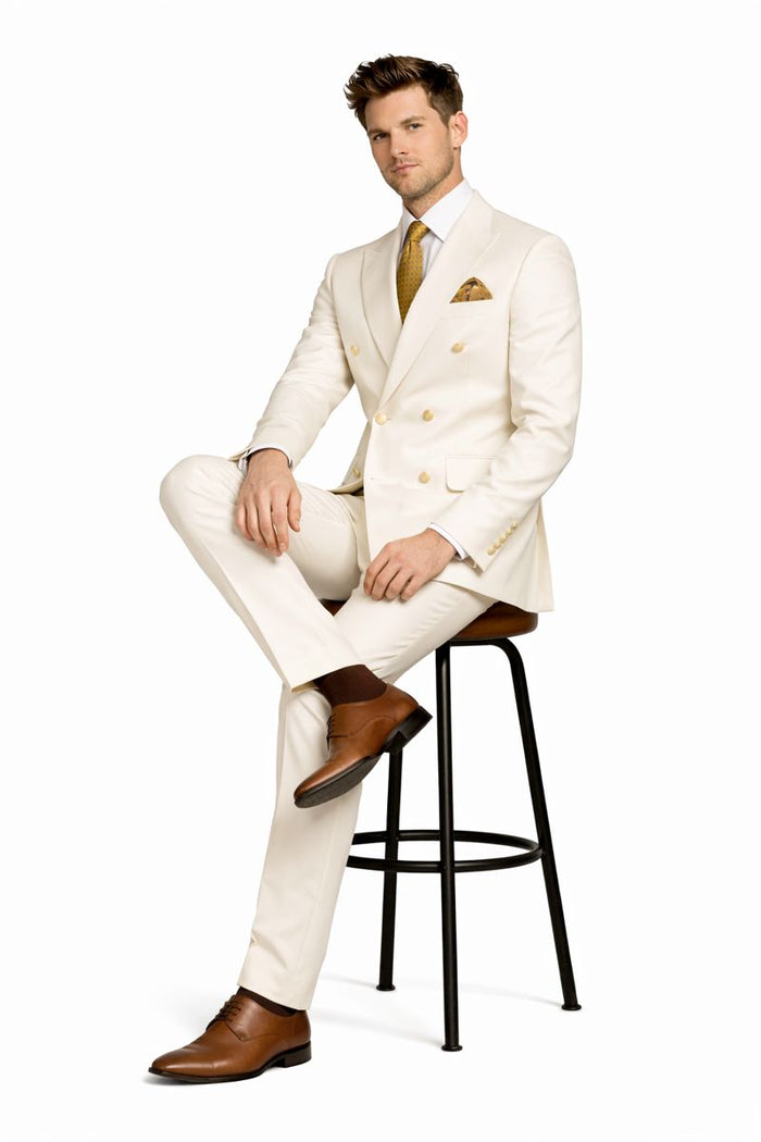 Off White - Ivory - Cream Color White Double Breasted Stylish Peaked Lapel Men Suits-New Designer Collection