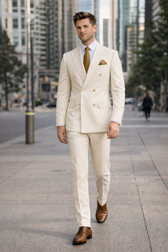 Off White - Ivory - Cream Color White Double Breasted Stylish Peaked Lapel Men Suits-New Designer Collection