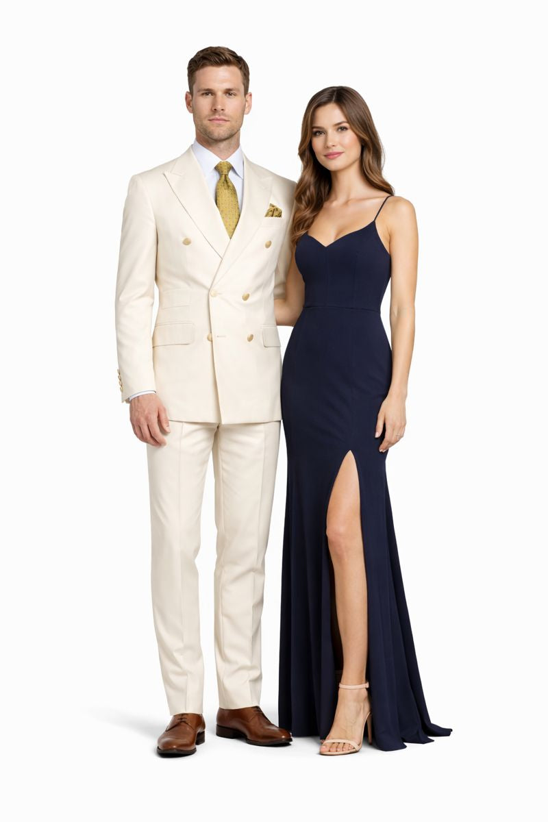 Off White - Ivory - Cream Color White Double Breasted Stylish Peaked Lapel Men Suits-New Designer Collection - 34 Short or Extra Small