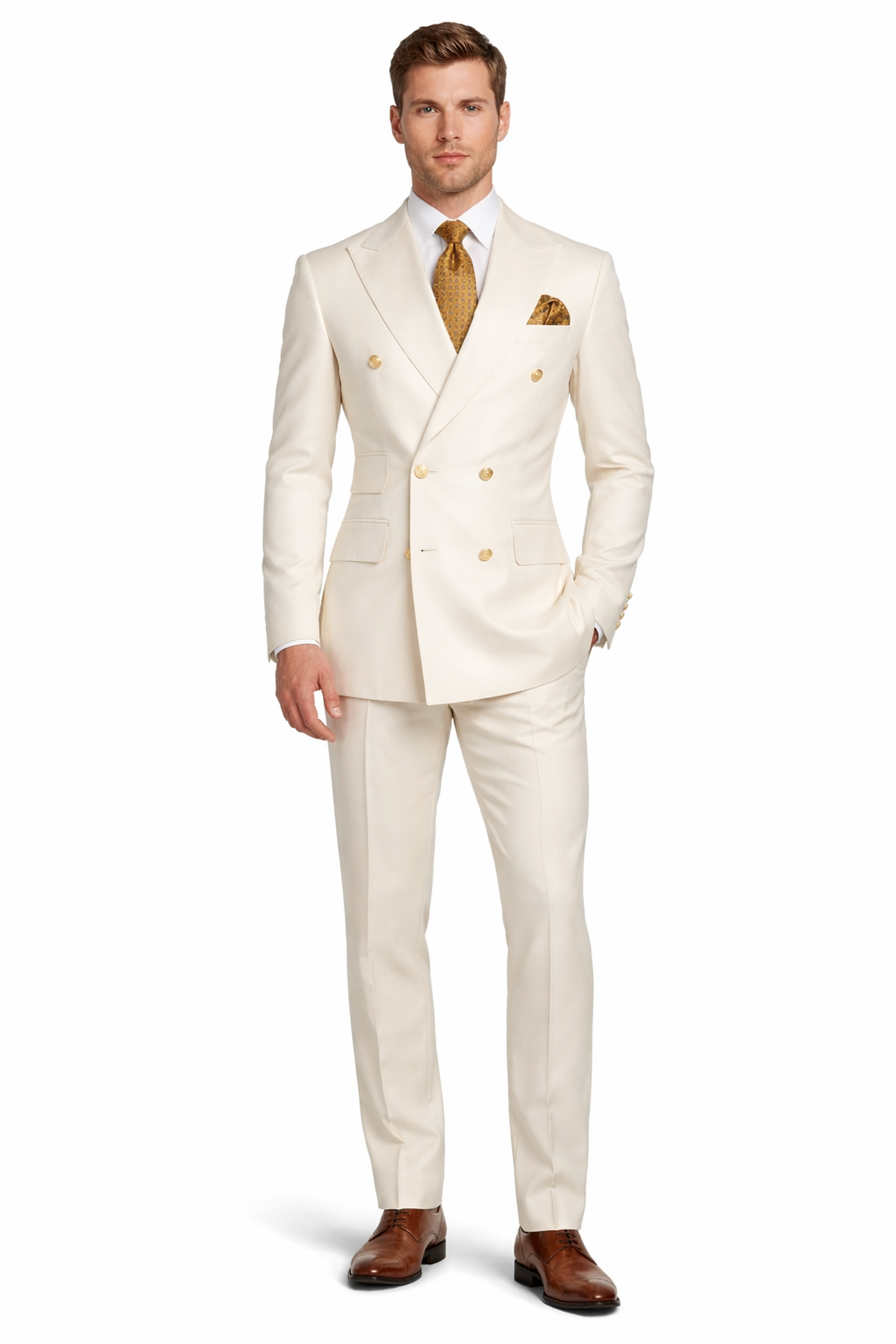 Off White - Ivory - Cream Color White Double Breasted Stylish Peaked Lapel Men Suits-New Designer Collection - 34 Short or Extra Small