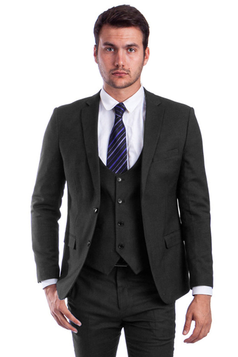 "Black Skinny Fit Men's Suit - Two Button Vested Style"