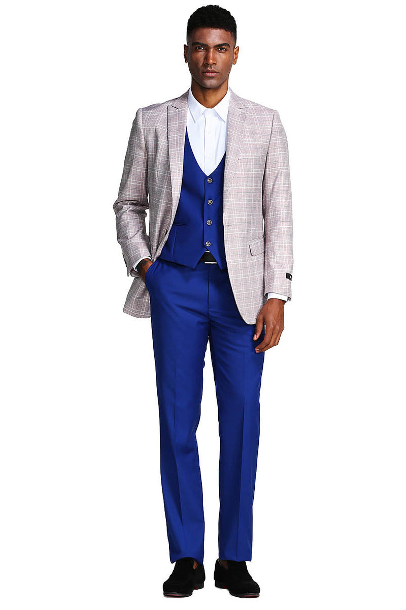 " Blue Glen Plaid Men's Suit with Peak Lapel & Double Breasted Vest" - 34 Short