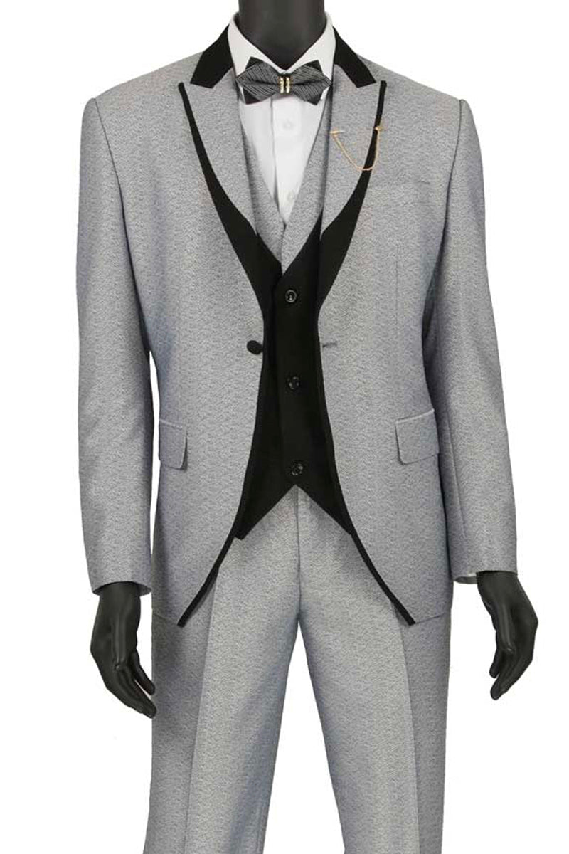 Mens 1 Button Trim Peak Vested Tuxedo Suit in Silver - 36 Short