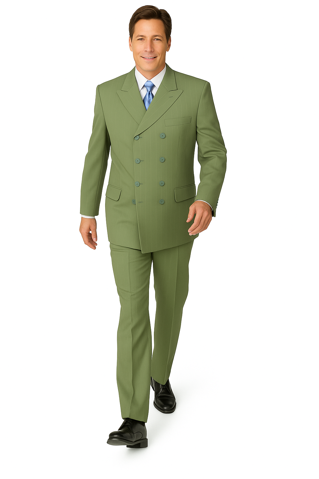 suit with a white shirt and blue tie on a white 