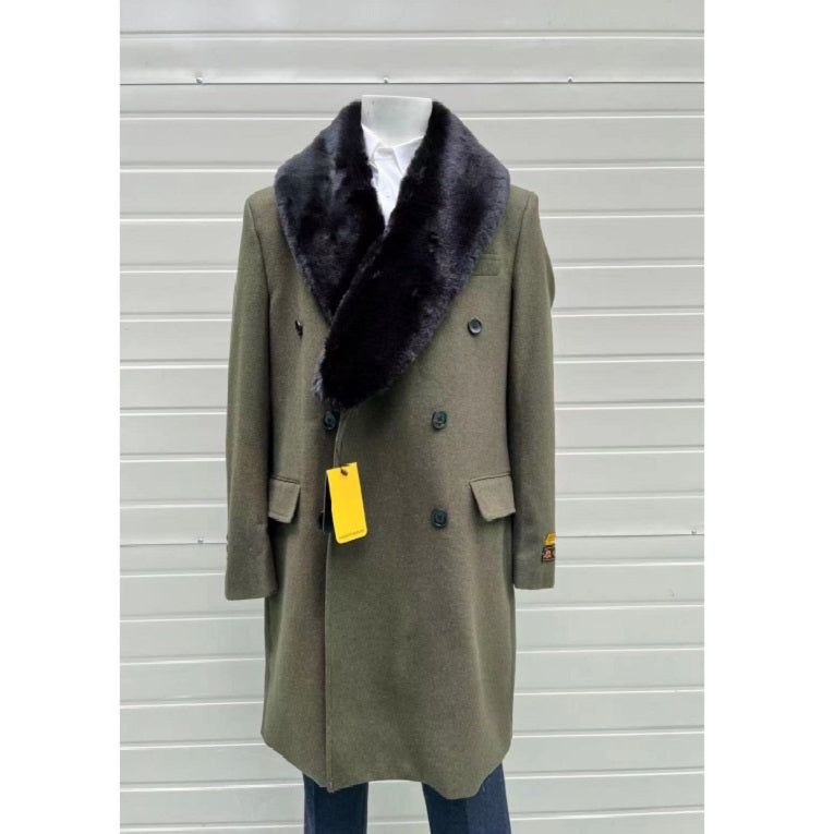 Mens Navy Blue Overcoat Long Dress Topcoat Winter Coat Fur Collar Olive Green Coat Size 60